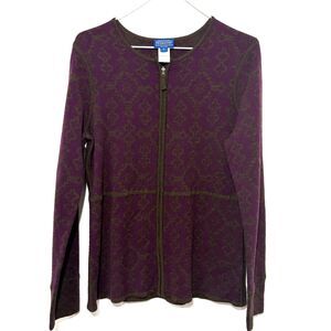 Pendleton Merino Wool Zip Front Printed Cardigan - Purple/Brown M